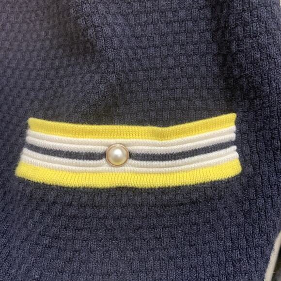 Talbots Navy Blue Cardigan Yellow Trim Pearl Button Front Sweater SZ M - Picture 3 of 7
